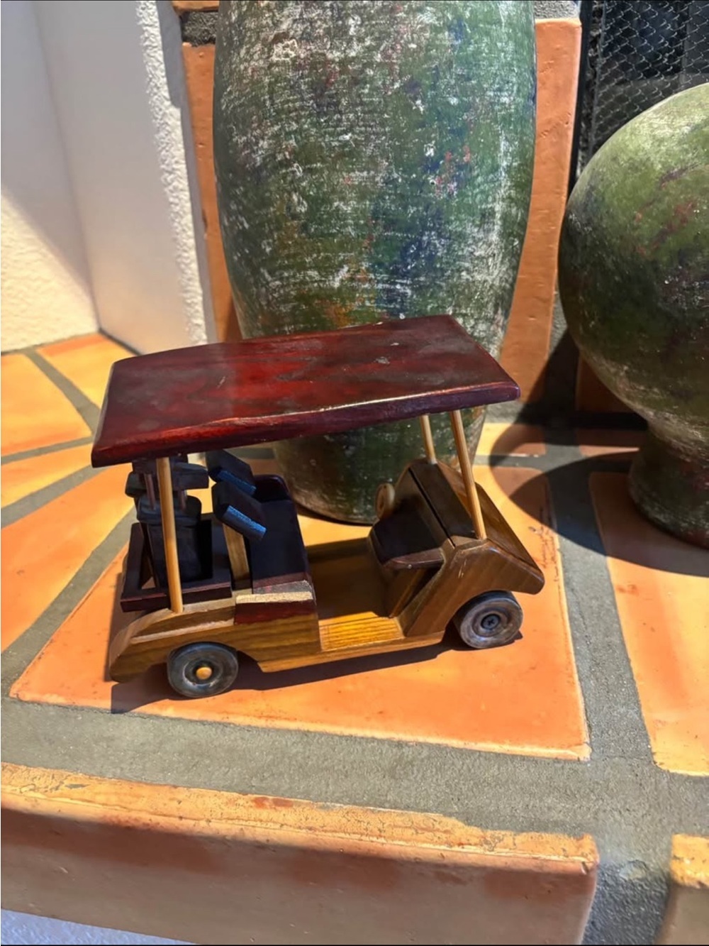 Handcrafted Wooden decorative Golf Cart - Brown & Red Roof